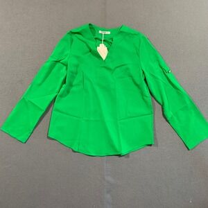 Brand New Women's Kelly Green Long Sleeve V Neck Blouse Size M Modern Tailoring